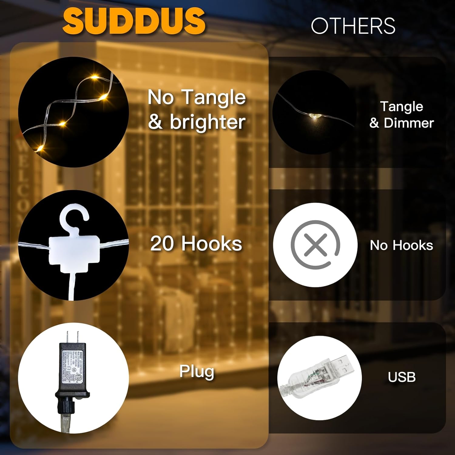 suddus Tangle-Free Curtain Lights,400 LED Connectable Hanging Lights with Hook, Waterproof Window Lights for Christmas, Dorm, Wall, Backdrop, Wedding, Party, Birthday Decor, Warm White