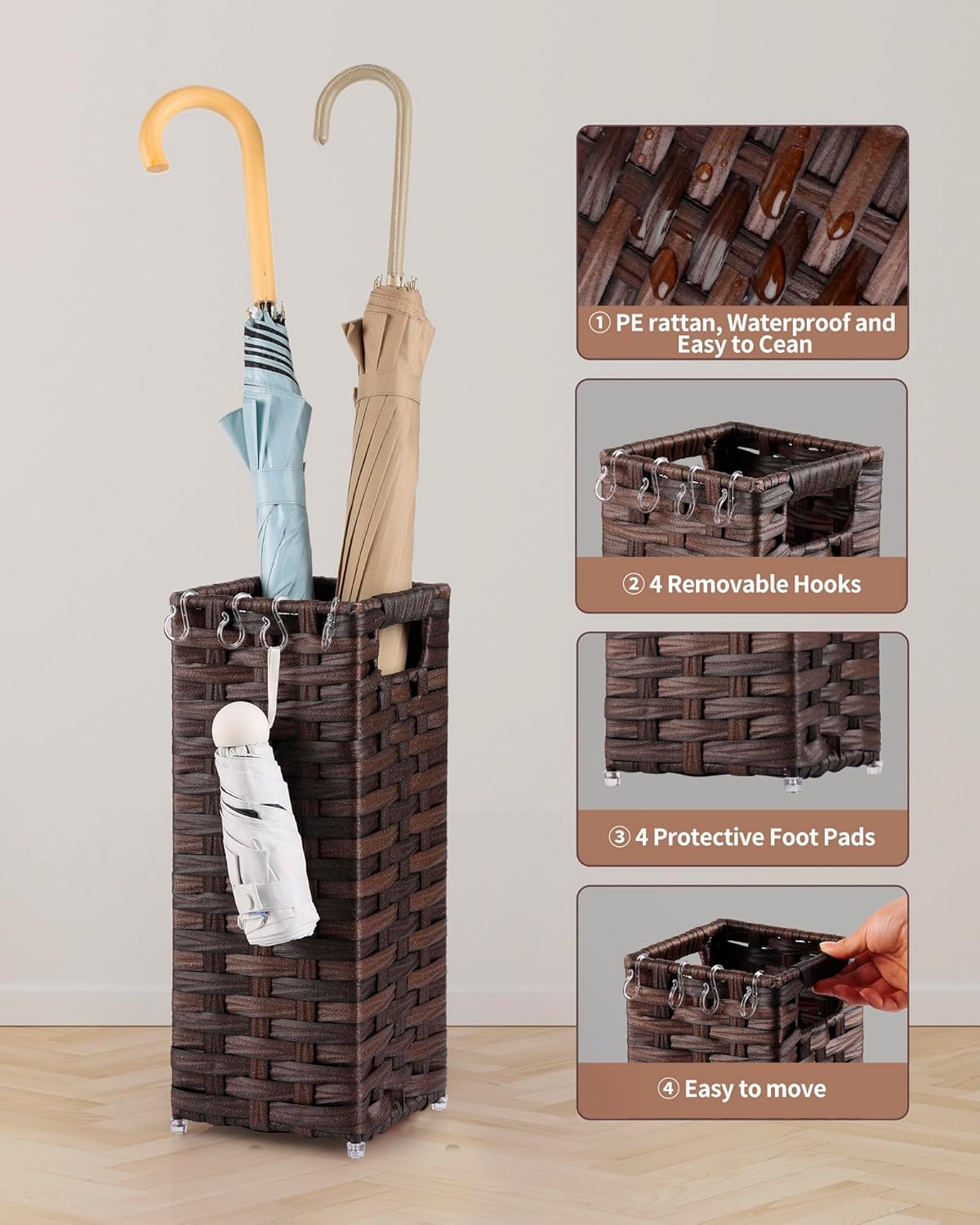 Rattan Umbrella Stand, Umbrella Holder for Entryway, Hand Woven Umbrella Rack Organizer Freestanding, with a Detachable Drip Tray, 4 Hooks, 6.5" L x 6.5" W x 16.5" H, Brown