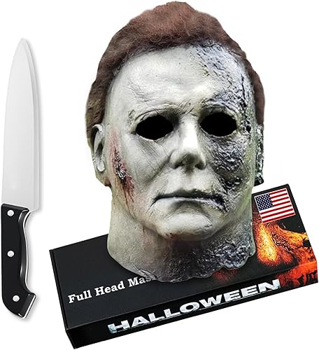Máscara de Halloween aterradora para adultos con cuchillo clásico, accesorio de disfraz de terror espeluznante para cosplay (negro)