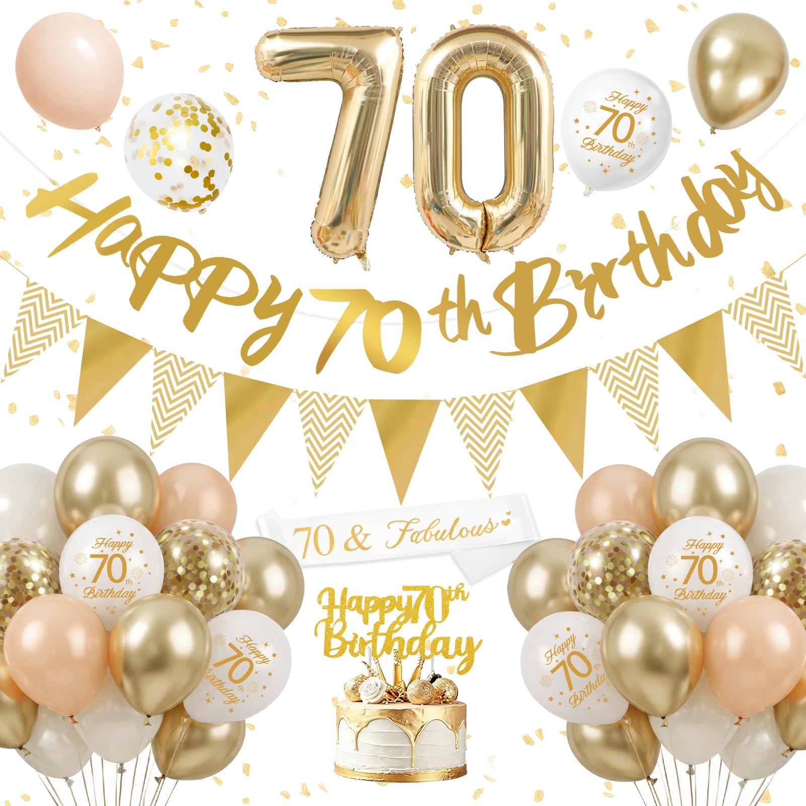 70th Birthday Decorations for Women Men, Gold and White Birthday Balloons with Number 70 Foil Balloons, Happy 70th Birthday Banner, Bunting, Cake Topper, Sash, White Gold Birthday Party Decoration