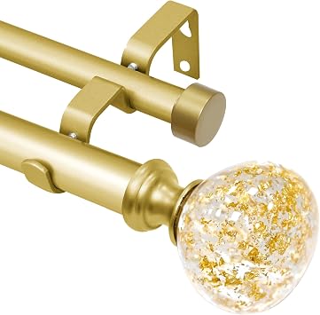 Gold Double Curtain Rod for Windows 28 to 48Inch Double Window Treatment Curtain Rod Heavy Duty Adjustable from28 to 48 Inch - Gold Foil Resin Finials and Double Curtain Rod