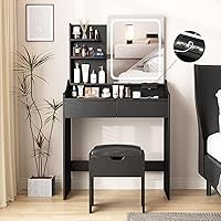 Vista 1 de Vabches Vanity Desk with LED Light Mirror and Charging Station, Small Cute Vanity Set with 4 Storage Shelves 2 Drawers, Vanity for Girls Women with