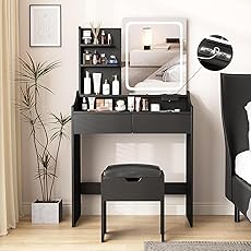 Makeup Vanity with Lights, 36-Inch Vanity Desk, 4 Large Drawers, 3 Lighting Modes, Stool & Charging Station, Modern Vanity Table for Bedroom, Women, Black