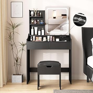 Vabches Vanity Desk with LED Light Mirror and Charging Station, Small Cute Vanity Set with 4 Storage Shelves 2 Drawers, Vanity for Girls Women with Storage Stool, Vanity Table for Bedroom Black