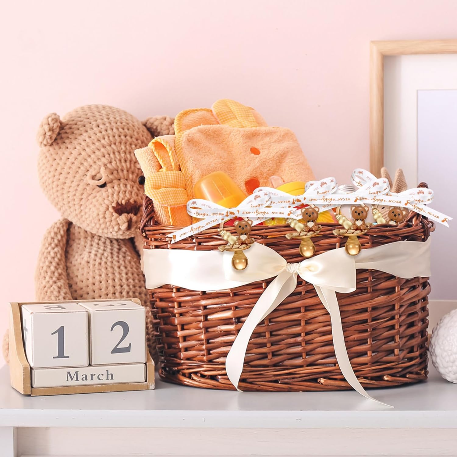 Coume 60 Pcs Shower Party Pacifiers Necklace Bear Bottle Acrylic Pacifiers Charm Pacifier Chain for Guests Gender Reveal Party Favors Prize Table Scatter (White,Brown,Elegant)