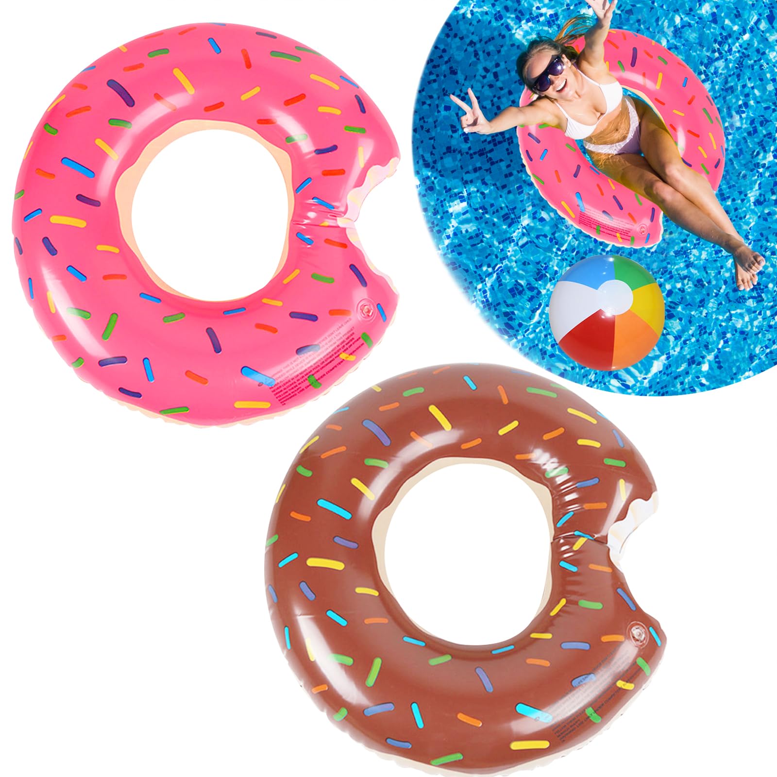 2Pcs Swimming Rings for Adults Pool Inflatable Float Rubber Ring 120CM Donut Large Xl Adult Swim Rings in Pink & Brown with 1 Beach Balls, Water Fun Beach Pool Toys for Summer Party
