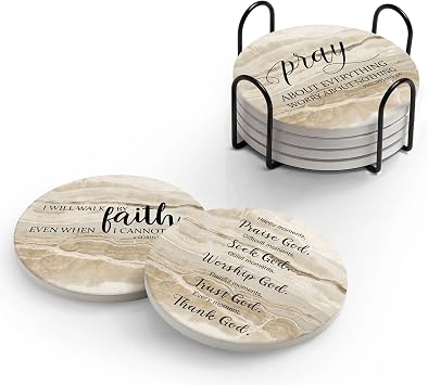 Coasters for Drinks with Bible Verses, Set of 6 Absorbent Drinks Coasters with Holder, Christian Gifts