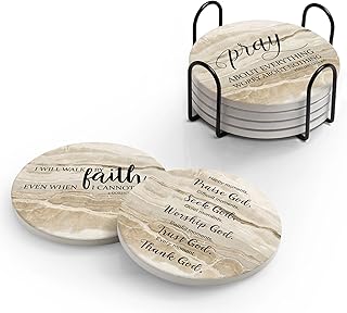 Coasters for Drinks with Bible Verses, Set of 6 Absorbent Drinks Coasters with Holder, Christian Gifts