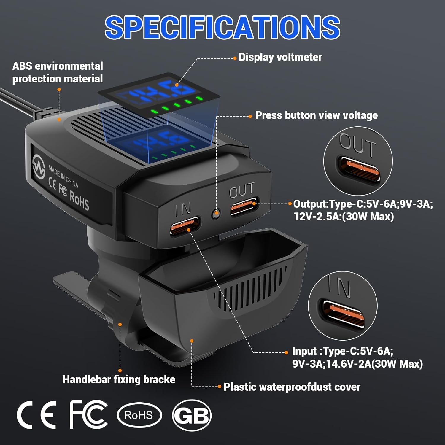 Motorcycle USB C Charger, 30W Fast Charging & Reverse Charging with USB C Port, Voltage Display, Compatible with 12V Lead-Acid & Lithium Batteries for Motorcycles, Scooters, ATV