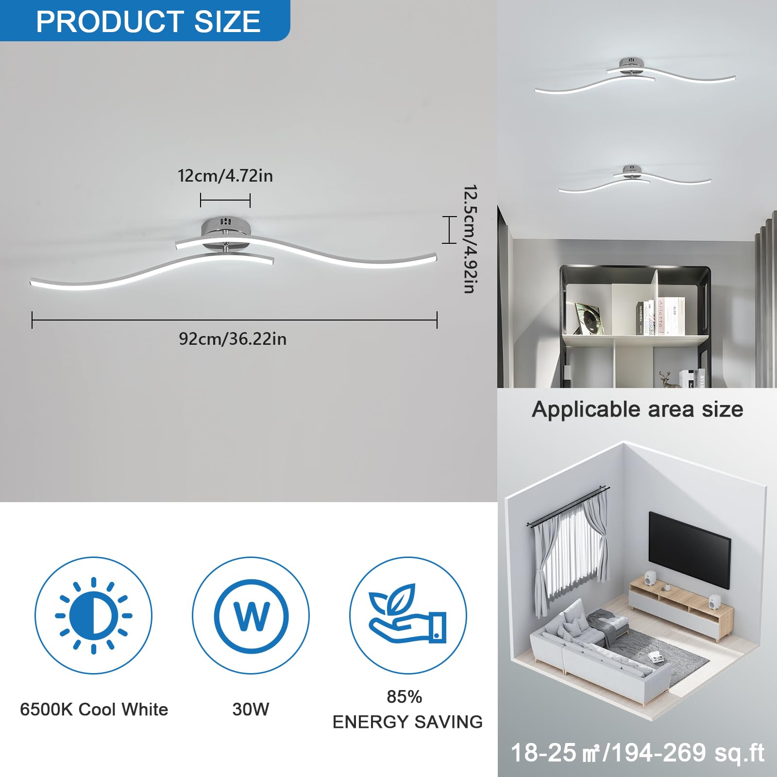 Dorlink Żyrandol do salonu, lampa sufitowa Led do salonu, żyrandol do sypialni, 30 W 2700 LM Nowoczesne oświetlenie wewnętrzne, 6500 K Biały 2 wbudowane pręty LED, odpowiednie do korytarzy, kuchni i