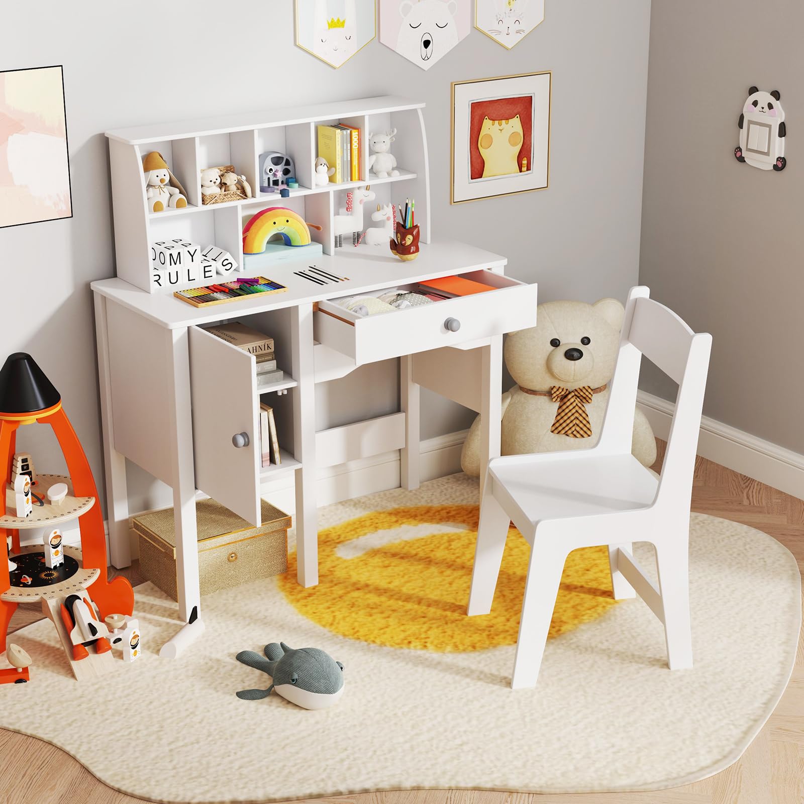 DREAMADE Bureau Enfant avec Chaise Ergonomique, Table d'Activités, Armoire, Tiroir, Blanc 79x34x91CM