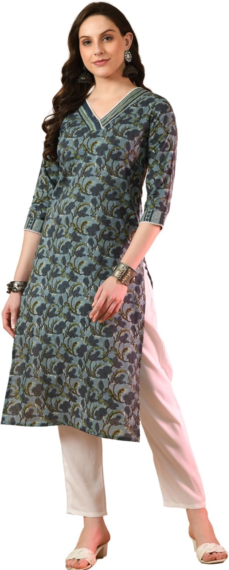 feranoidUnique Printed V-Neck Sleeveless Long Straight Kurti