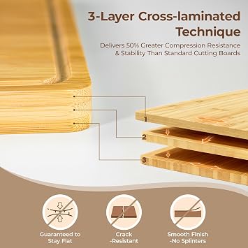 Piklohas Large Bamboo Cutting Boards Set of 4 for Kitchen, Bamboo Charcuterie Chopping Board with Holder Non Slip, Steak Serving Tray with Juice Groove, Big Butcher Block for Cheese, Ideal for Gift