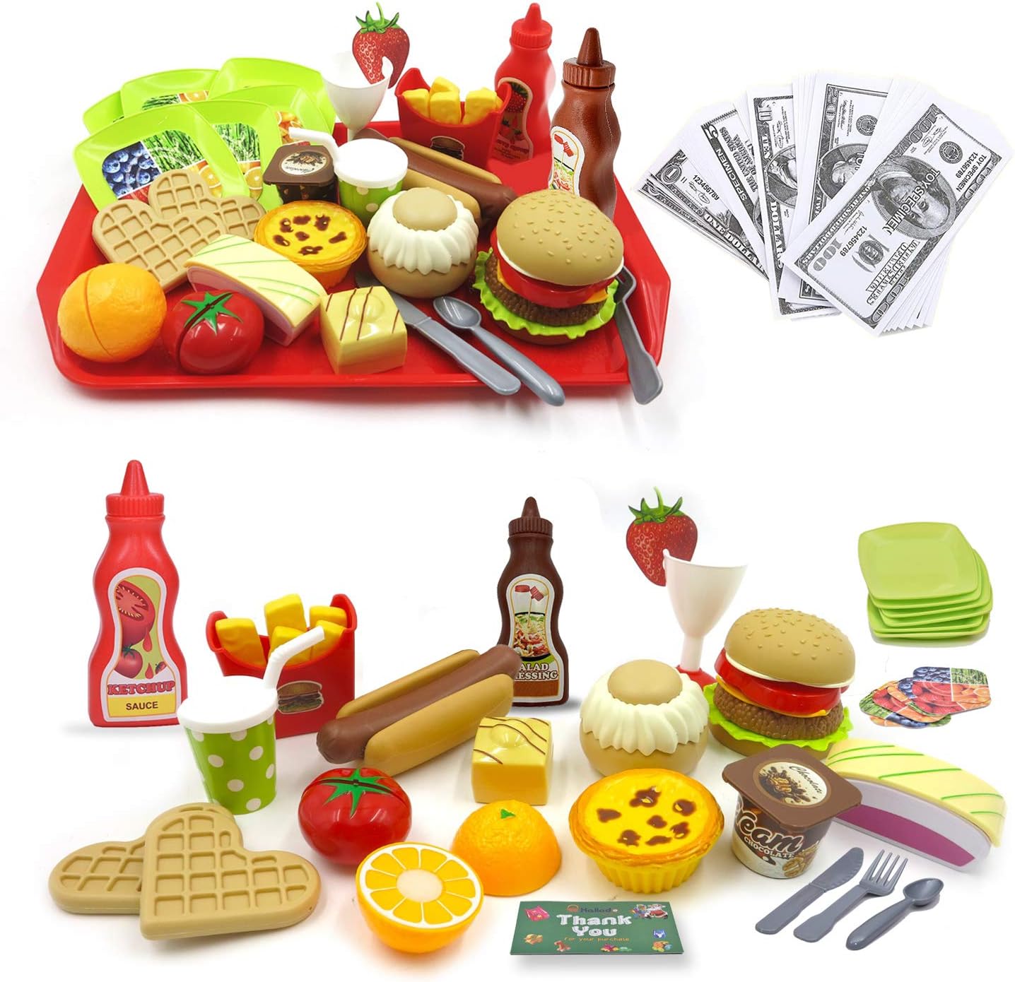 Grafken hallodo Toy Food Pretend Play Food Set in Gift Box Fast Food Burger Play Kitchen for Toddlers and Kids with Stackable Burger and Bonus Bank Notes Hamburger Toy Set for Girls and Boys Ages 3-7