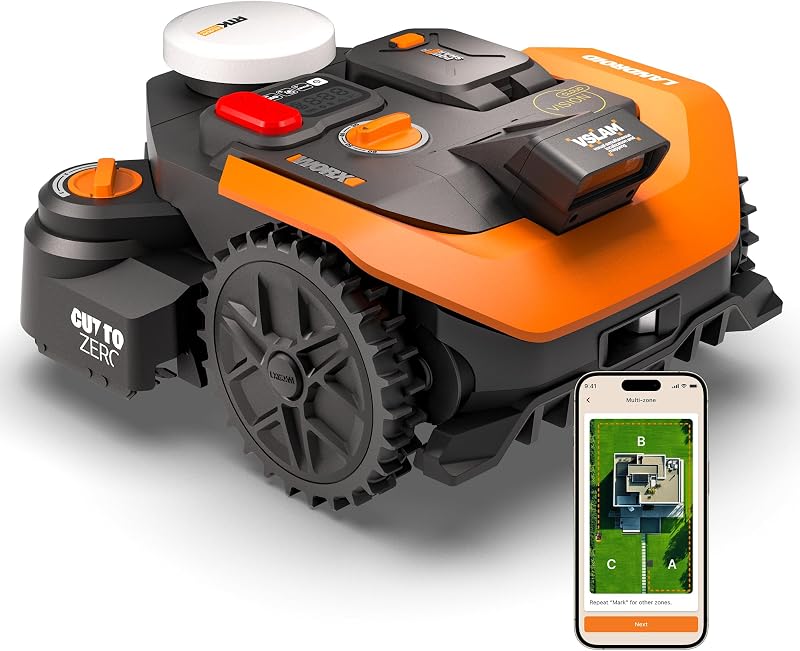 Worx Vision Cloud WR308E Robot Lawnmower, Cordless Perimeter, 800 m² (AI Obstacle Avoidance, VSLAM + RTK Cloud Navigation, Auto Mapping, App Control, Cut-to-Zero Cutting)