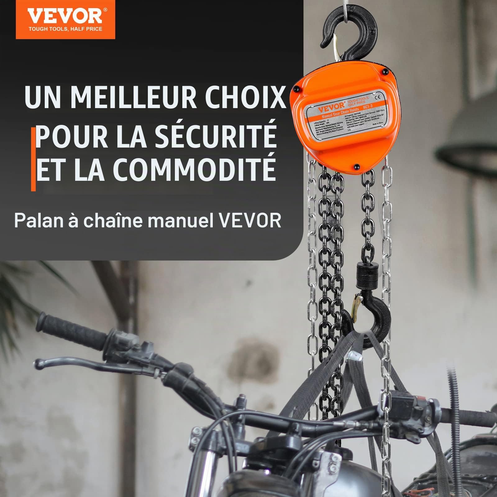 VEVOR Palan à Chaîne Manuel 1 T Palan à Chaîne avec Crochet 360° à Bloc Hauteur de Levage 5,6 m Acier Allié G80 Frein Double Cliquet Guidage de Chaîne pour Marchandises Garages Quais Usines Chantiers