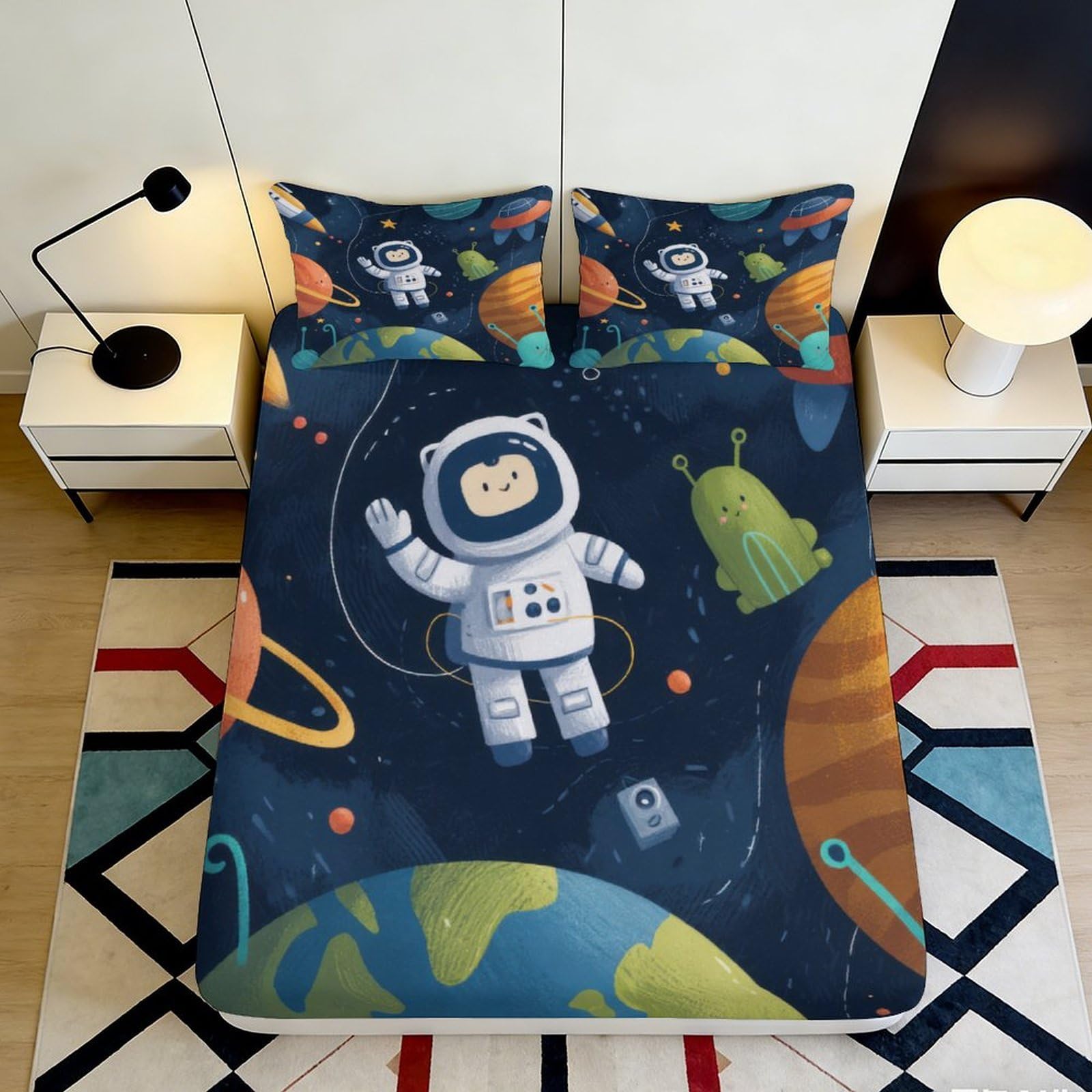 Uynsixtme Style-7 3D Printed Astronaut Space Fitted Sheet Microfiber Deep Pocket Bedroom Bedding Galaxy Mattress Fitted Cover Elastic Hem Washable 200X200x25cm