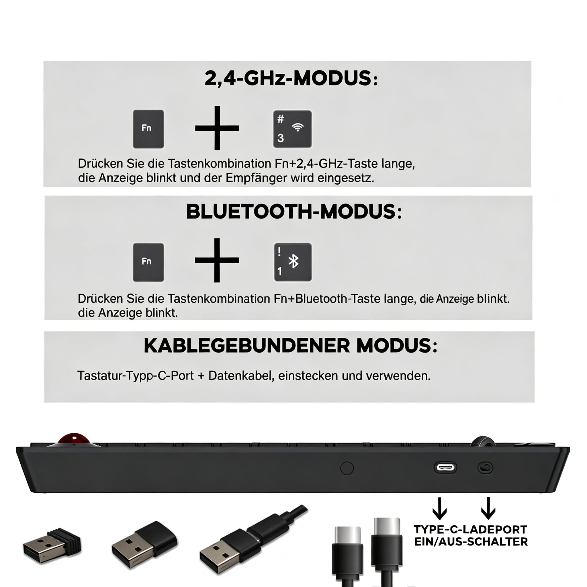 JOMAA Clavier trackball sans fil rétroéclairé à trois modes, 78 touches, 800-1600 CPI réglable, ergonomique, rechargeable, silencieux Bluetooth 5.4/2.4G/filaire