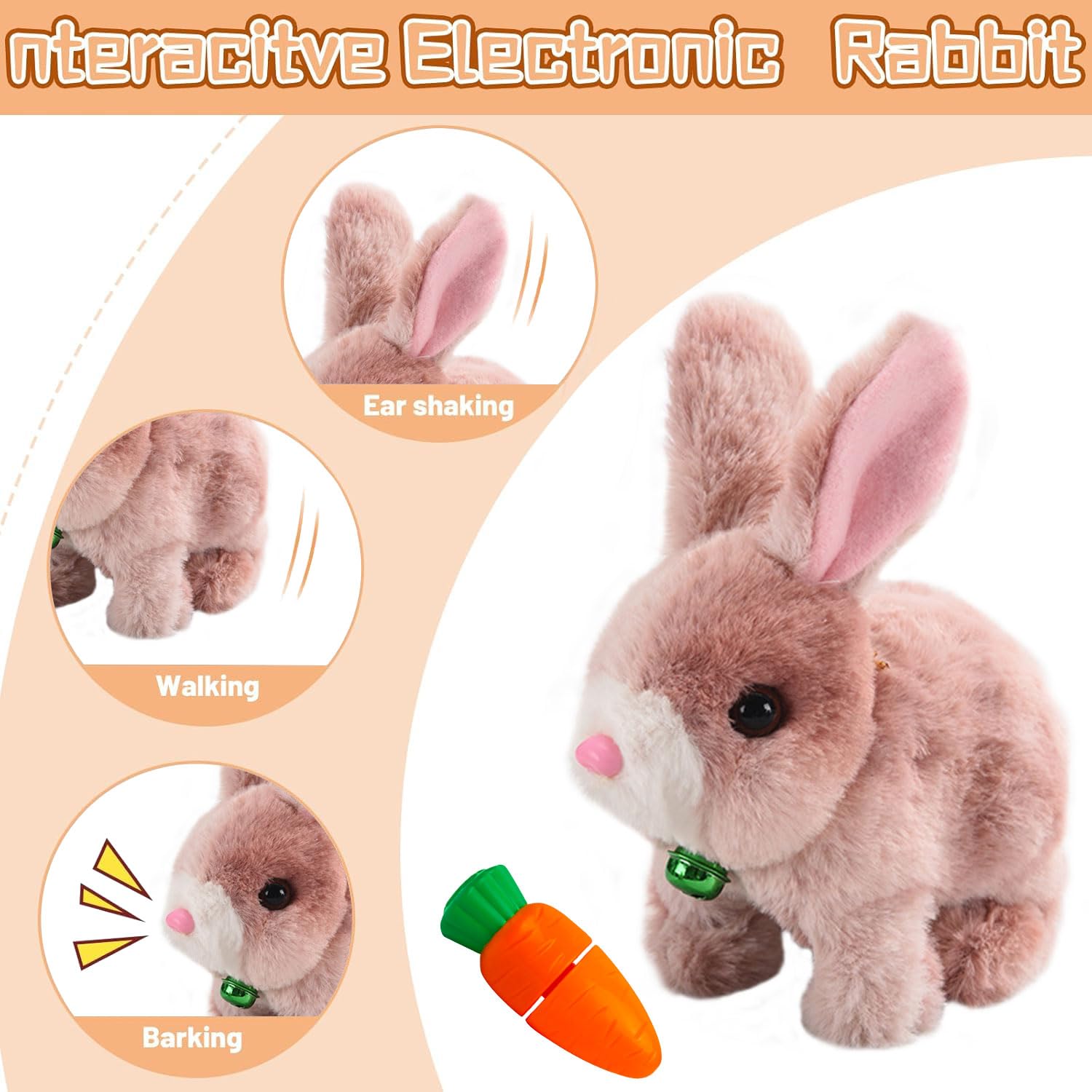 Vibbang My Realistic Bunny Toy, Coniglio Rimbalzante, Giocattolo Di Peluche Elettronico Interattivo a Forma Di Coniglietto Con Suoni, Movimenti, Ondeggiamenti, Peluche Di Pasqua (A