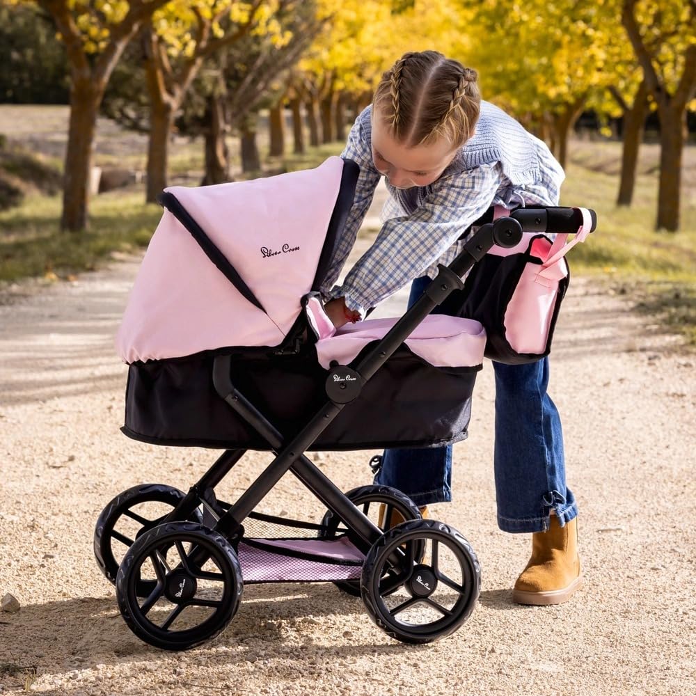 Joie Baby Doll Pram | Kids Pushchair Adjustable Hood | Black & Pink Lightweight Folding Stroller with Underseat Storage | Toy Travel System for Ages 3+