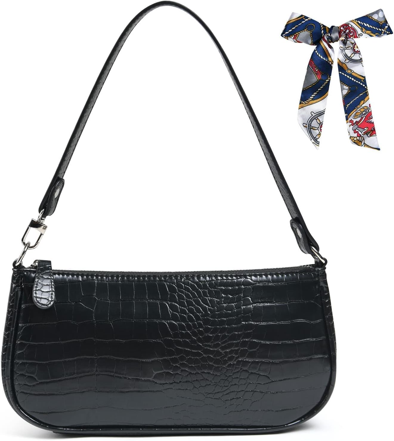 GenericRetro Classic Clutch Bag for Women, Crocodile Leather Underarm Bag Small Purse with Ribbon, Zipper Closure