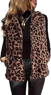 Women's Leopard Print Faux Fur Vest Sleeveless Zip Up Gilet With Pockets...