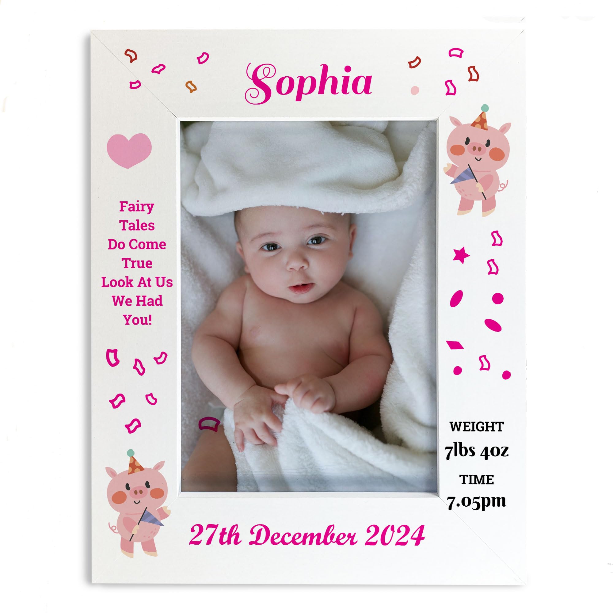Personalised Baby Girl Photo Frame With Birth Details and Cute Design New Baby Gift Nursery Photo Frame Baby Photo Frame Gift For New Mummy Daddy Keepsake (Design 7)