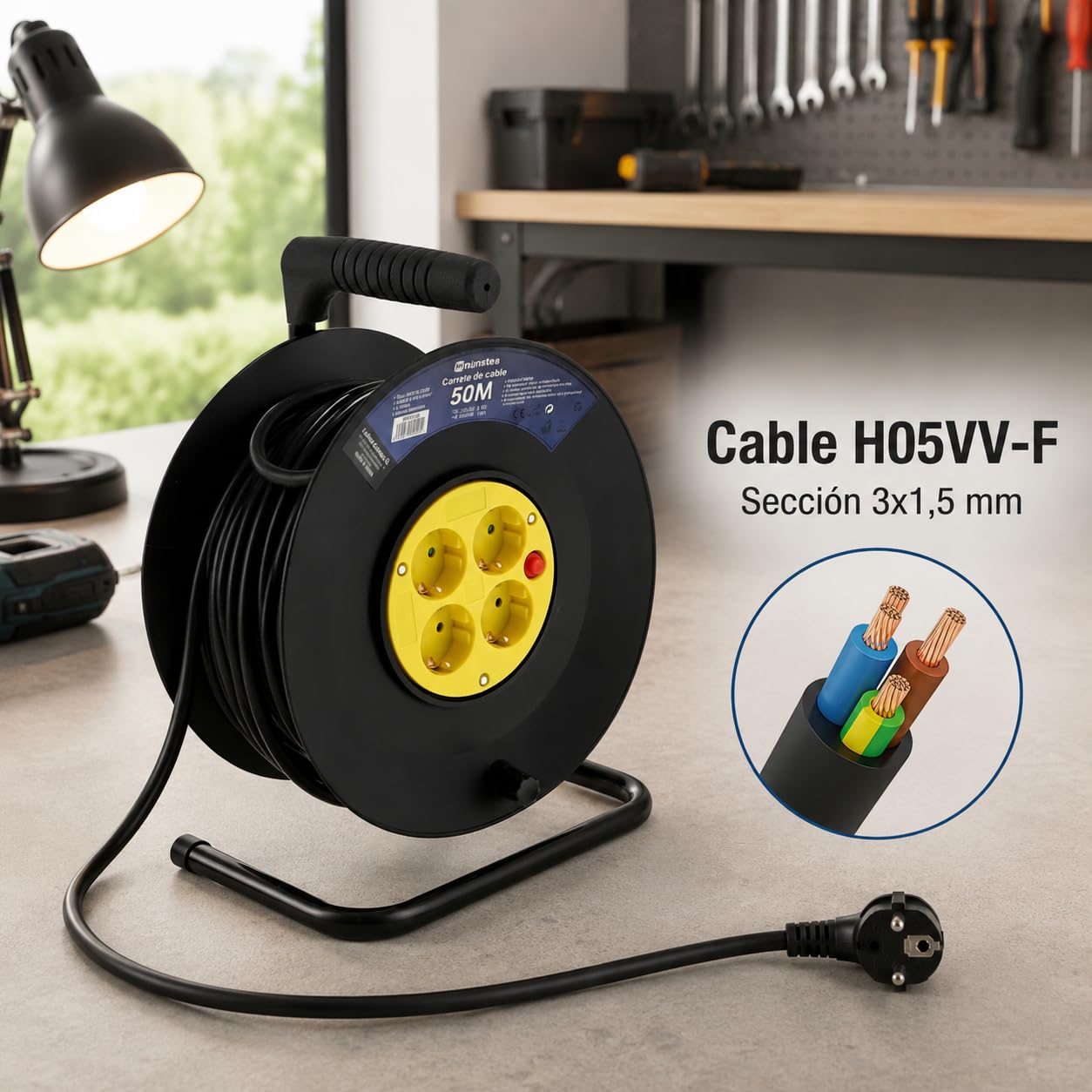 M mimotec - Zewnętrzny zwijacz kabla 50 m 4 gniazda 3200W 16A | Kabel H05VV-F 3G1,5 mm² | Ochrona dzieci | Przedłużacz elektryczny do ogrodu, garażu i warsztatu