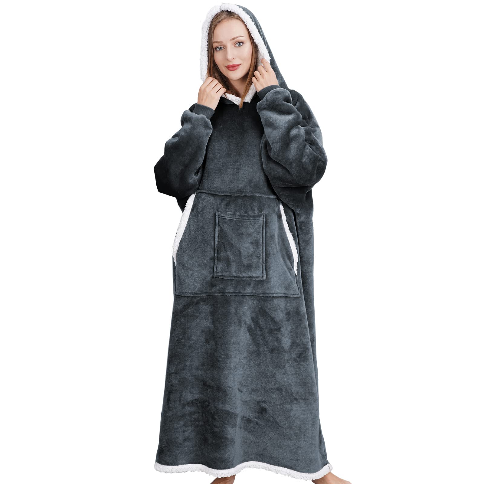 Hoodie Blanket, Long Wearable Blanket with Pockets Flannel Sherpa TV Blanket Sweatshirt Winter Robe-Mother & Daughter Gift