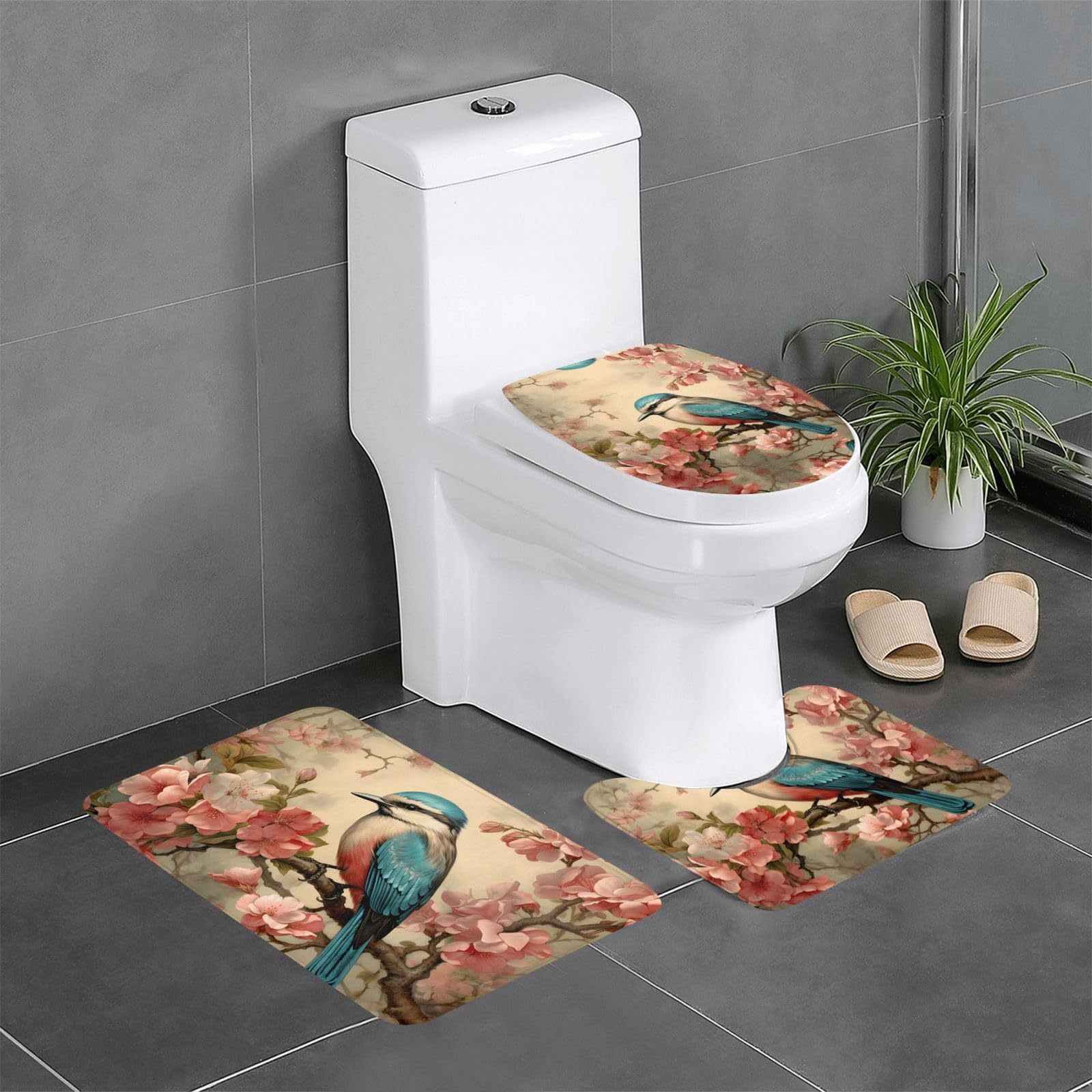 Tapis de bain oiseaux et fleurs lot de 3 antidérapants