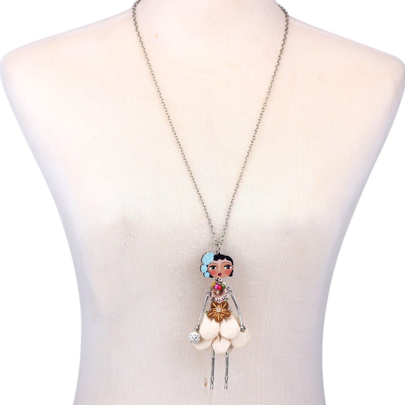 BONSNY Handmade Floral Paris Doll Necklace, Fabric Dress with Flower Pattern, Silver Chain, Fashion Statement Pendant Jewelry - Image 3