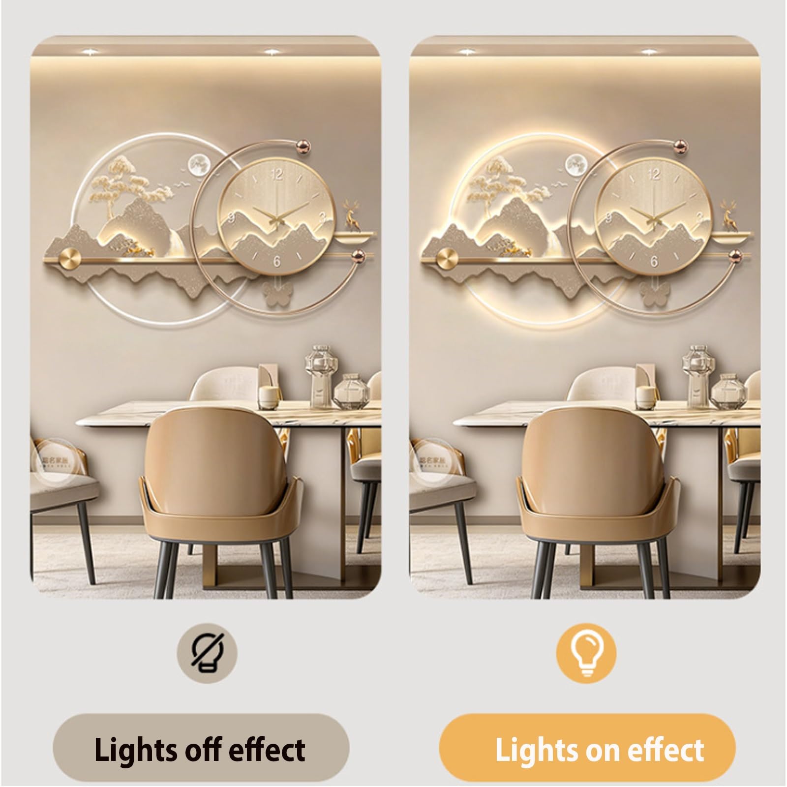 Orologio da Parete di Lusso 3D con Luce LED, Moderno Paesaggio Orientale con Decorazioni di Cervi e pini, Orologio da Parete Silenzioso retroilluminato per Soggiorno, Sala da Pranzo e Ingres