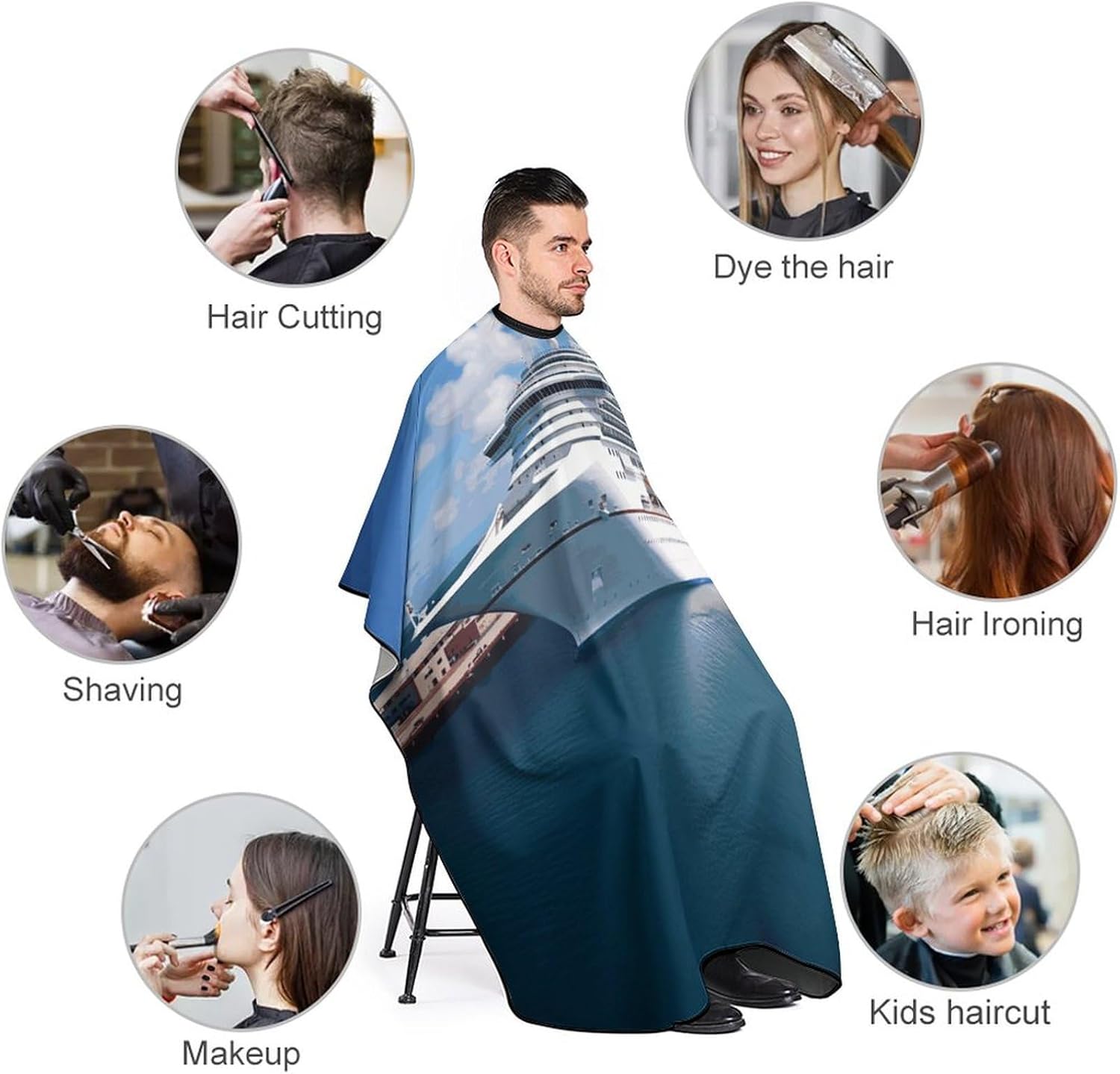 Cruise Ships Apron for Women Men,Barber Cape with Adjustable Snap Closure,Hair Cutting Cape,66.9 X 56.7 Inches for Hair Dye, Comb-out, Styling, Shampoo