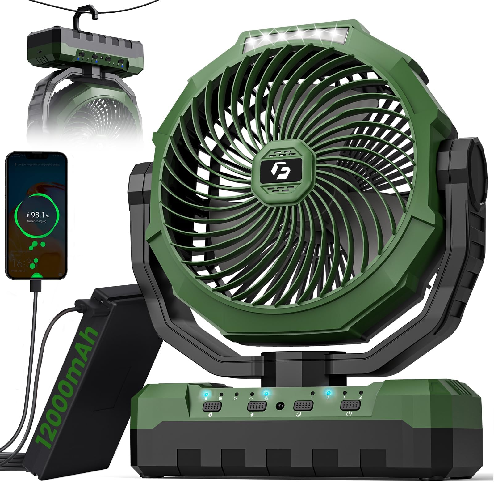 FRIZCOL 12000mAh Camping Fan [70H Max], 9-Inch Portable Rechargeable Fan, Detachable Battery Powered Fan with 4 Speeds, Light, Timer, Remote, Hook for Outdoor Tent, Travel, Picnic, Jobsite - Green