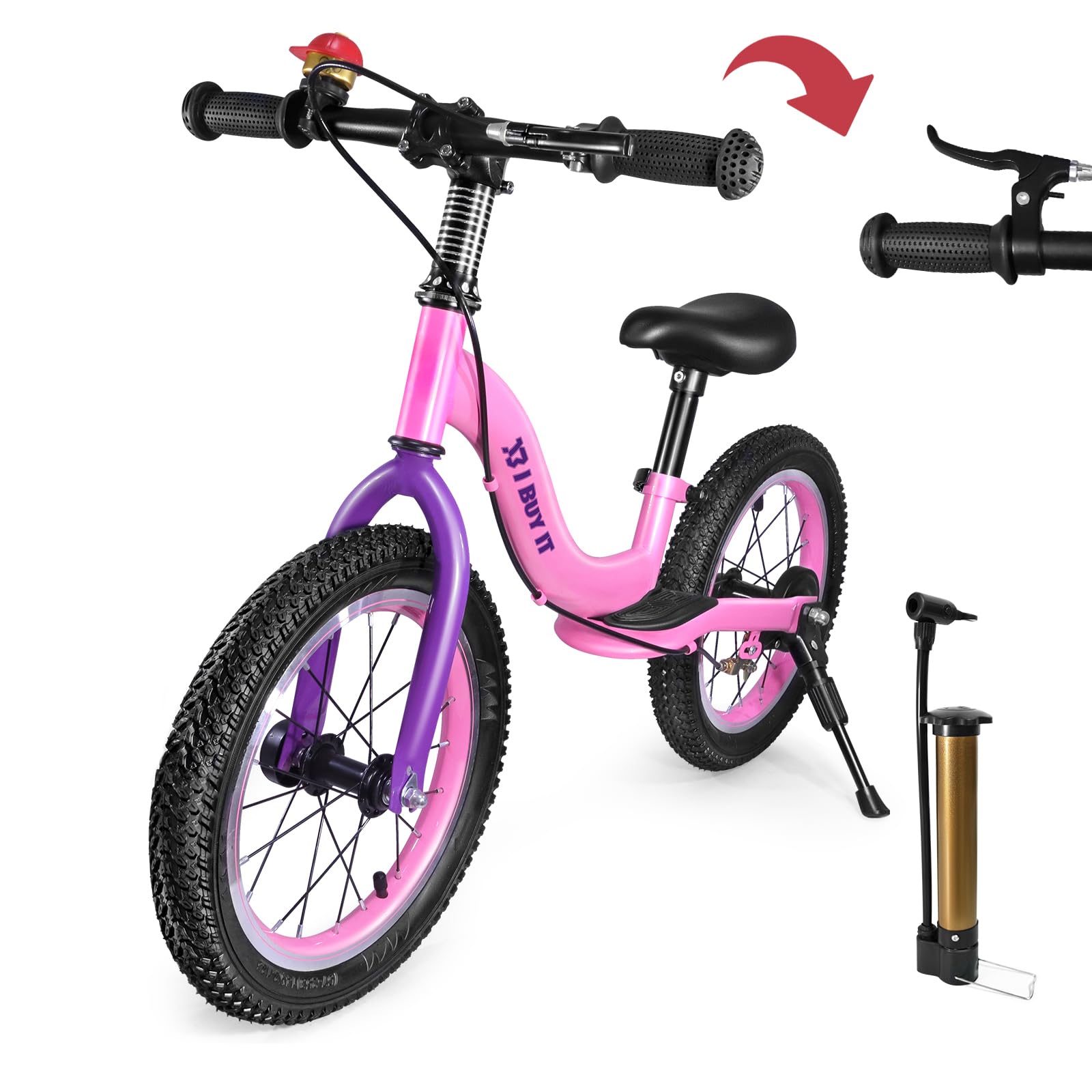 16 Inch Balance Bike for 3 4 5 6 7 Year Old Boys Girls, Adjustable Kids Balance Bike with Brake and Kickstand, No Padel Training Bicycle with Rubber Air Tyres, Footrest (Pink & Purple, 16 inch)