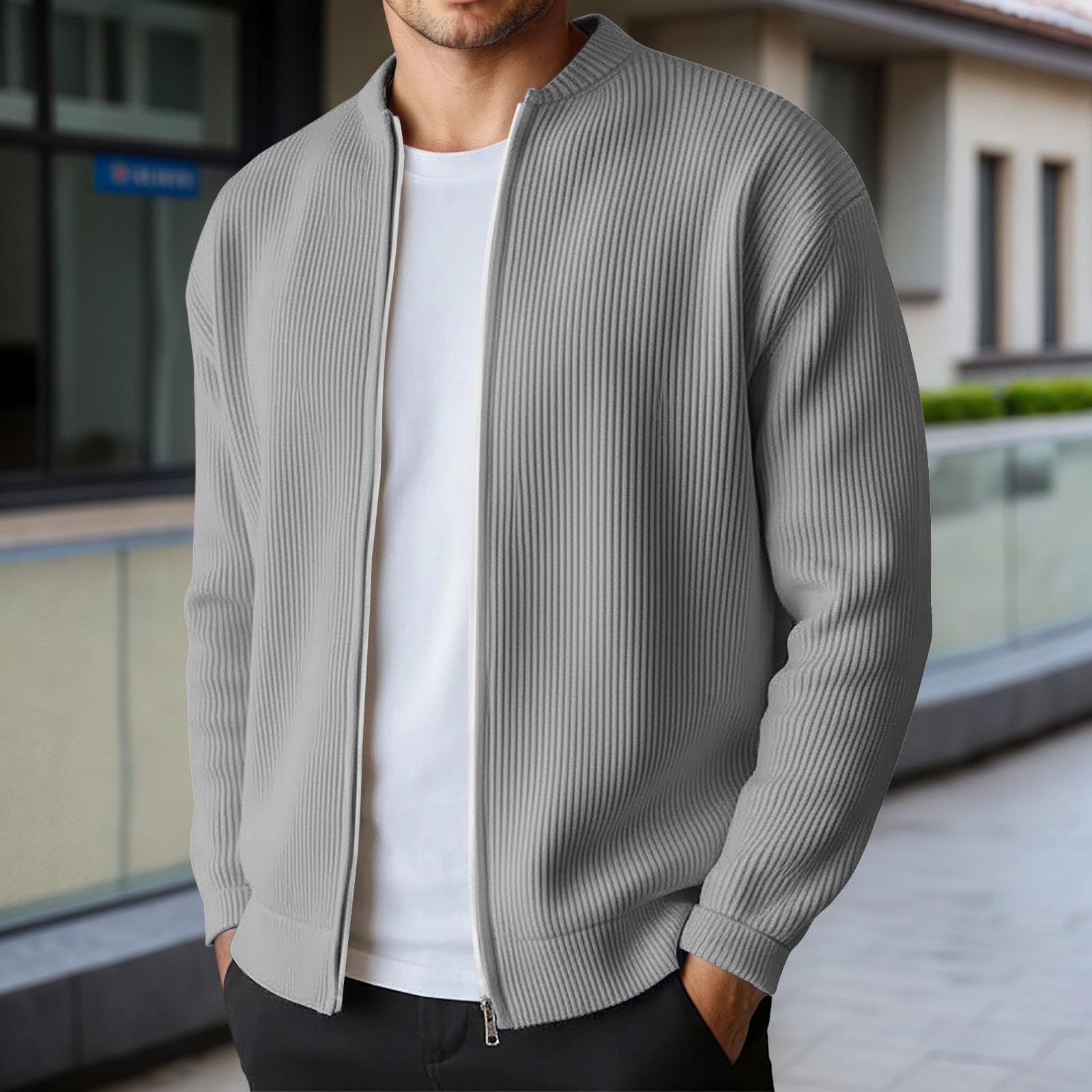 Cardigan pour homme avec fermeture éclair - Pull sans capuche - Motif torsadé - Veste décontractée en tricot côtelé - Manches longues - Manteau en tricot uni