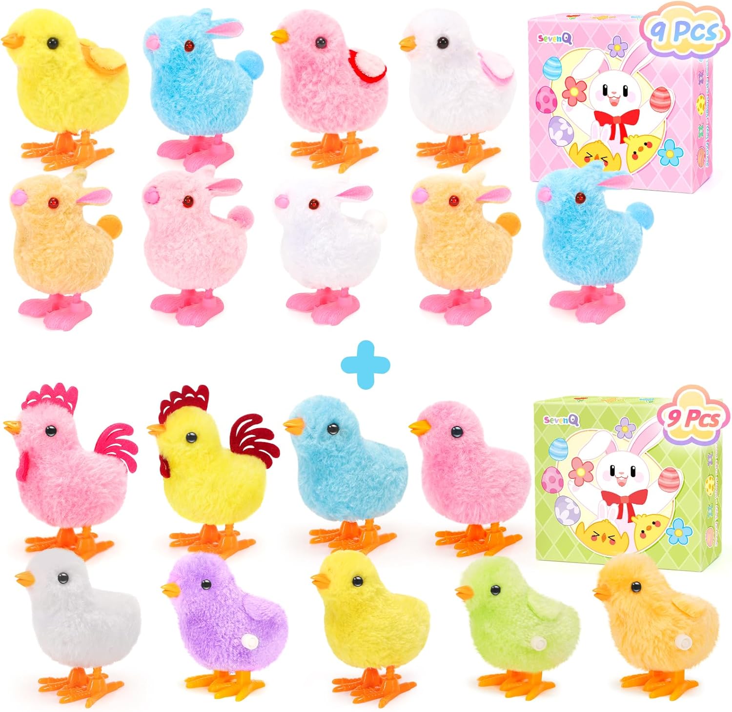SevenQ 18Pcs Wind Up Toys for Kids Easter Basket Stuffers,Hopping Bunny Toys and Plush Chicks Small Fidget Toys for Easter Egg Hunt Treasure Box Classroom Prizes Party Favors Goodie Bags Fillers Gifts