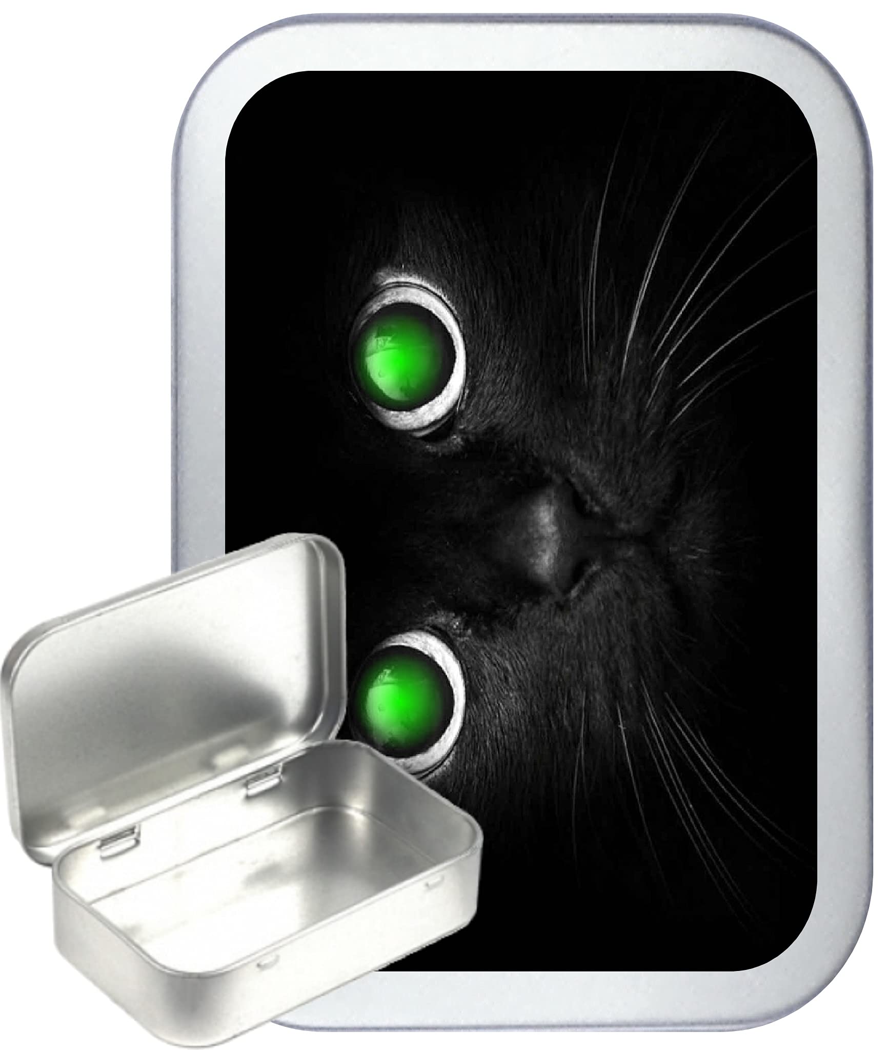 Teez Silver Green Cats Eyes Hinged Tin,Small 50Ml Tin, Pill Tin, Pocket Tin, Gift Box, 1Oz Tobacco Tin, Herb Tin