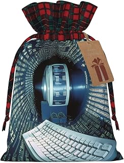 HJBNW Christmas Gift Bags Computer technology Drawstring Gift Bag Reusable Gift Bags with Gift Tags Christmas Burlap Wrapping Sacks Gift Bag for Xmas Santa Sacks for Holiday Party Favor Medium