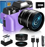 VJIANGER 64MP WiFi Digital Vlogging Camera for YouTube: 180° Flip Screen, 16X Zoom, 52mm Lens, 32GB SD Card (Purple)