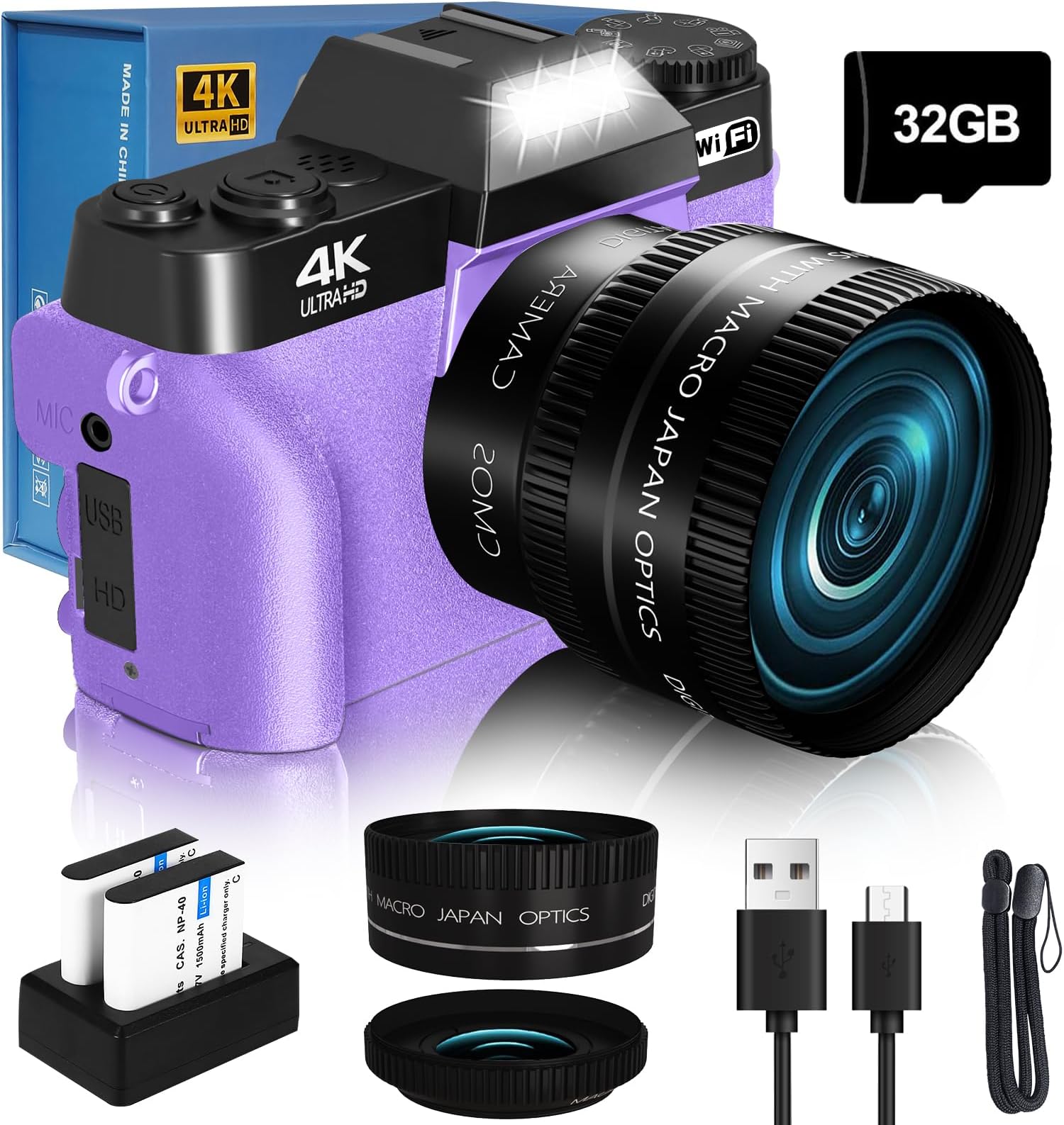 VJIANGER 4K Digital Camera for Photography 48MP WiFi Vlogging Camera with 180° Flip Screen, 16X Digital Zoom, 52mm Wide Angle & Macro Lens, 2 Batteries, 32GB TF Card(W02-CY13)