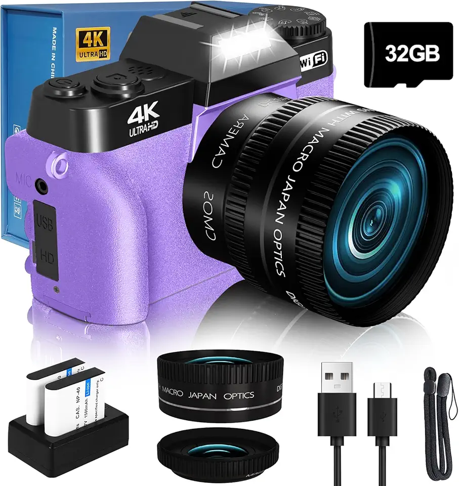 Câmera digital VJIANGER 2024 para fotografia e vlogging para YouTube com WiFi, tela flip de 180°, zoom digital de 16x, lente de 52 mm, 2 baterias, cartão micro SD de 32 GB (Roxo)
