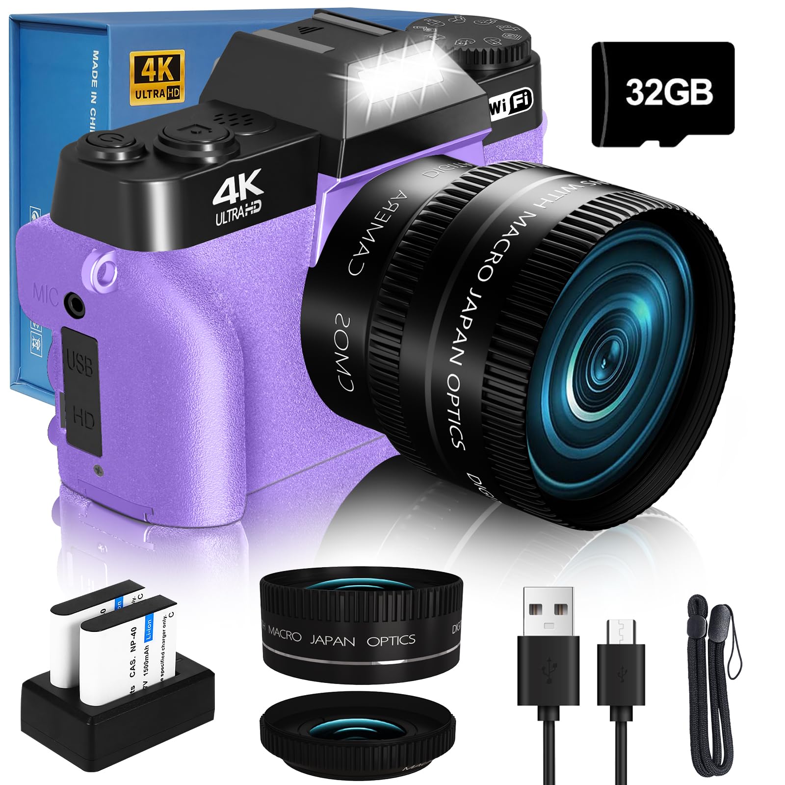 2024 Upgrade VJIANGER Digital Camera for Photography Vlogging Camera for YouTube with WiFi, 180° Flip Screen, 16X Digital Zoom, 52mm Lens, 2 Batteries, 32GB Micro SD Card(Purple)