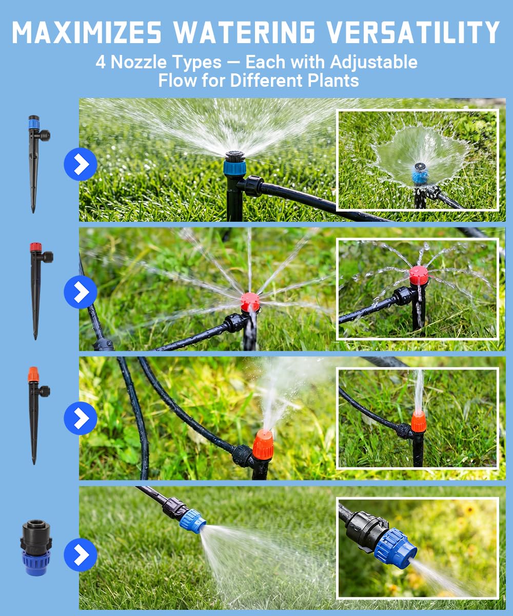 Fast-Lock Drip Irrigation System Kit for Garden Watering with 40 Adjustable Nozzles, Leak-Proof & Easy-Connect Irrigation Kit with 1/2" & 1/4" Tubing, for Greenhouse, Lawn, Indoor Pots (40FT + 197FT)