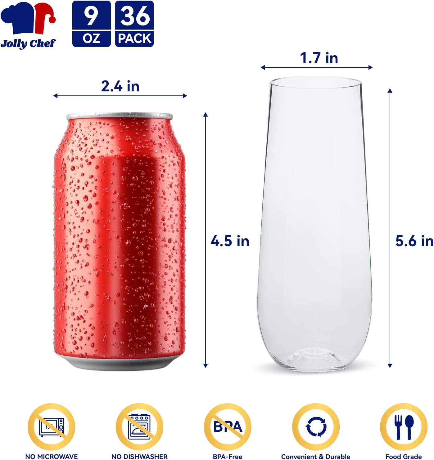 JOLLY CHEF 36 Pack Stemless Plastic Champagne Flutes 9 oz, Crystal Clear Stemless Plastic Toasting Glasses, Clear Disposable Unbreakable Drinkware Ideal for Wedding, Birthday, Party, Thanksgiving - Image 2