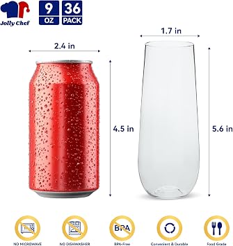 JOLLY CHEF 36 Pack Stemless Plastic Champagne Flutes 9 oz, Crystal Clear Stemless Plastic Toasting Glasses, Clear Disposable Unbreakable Drinkware Ideal for Wedding, Birthday, Party, Thanksgiving