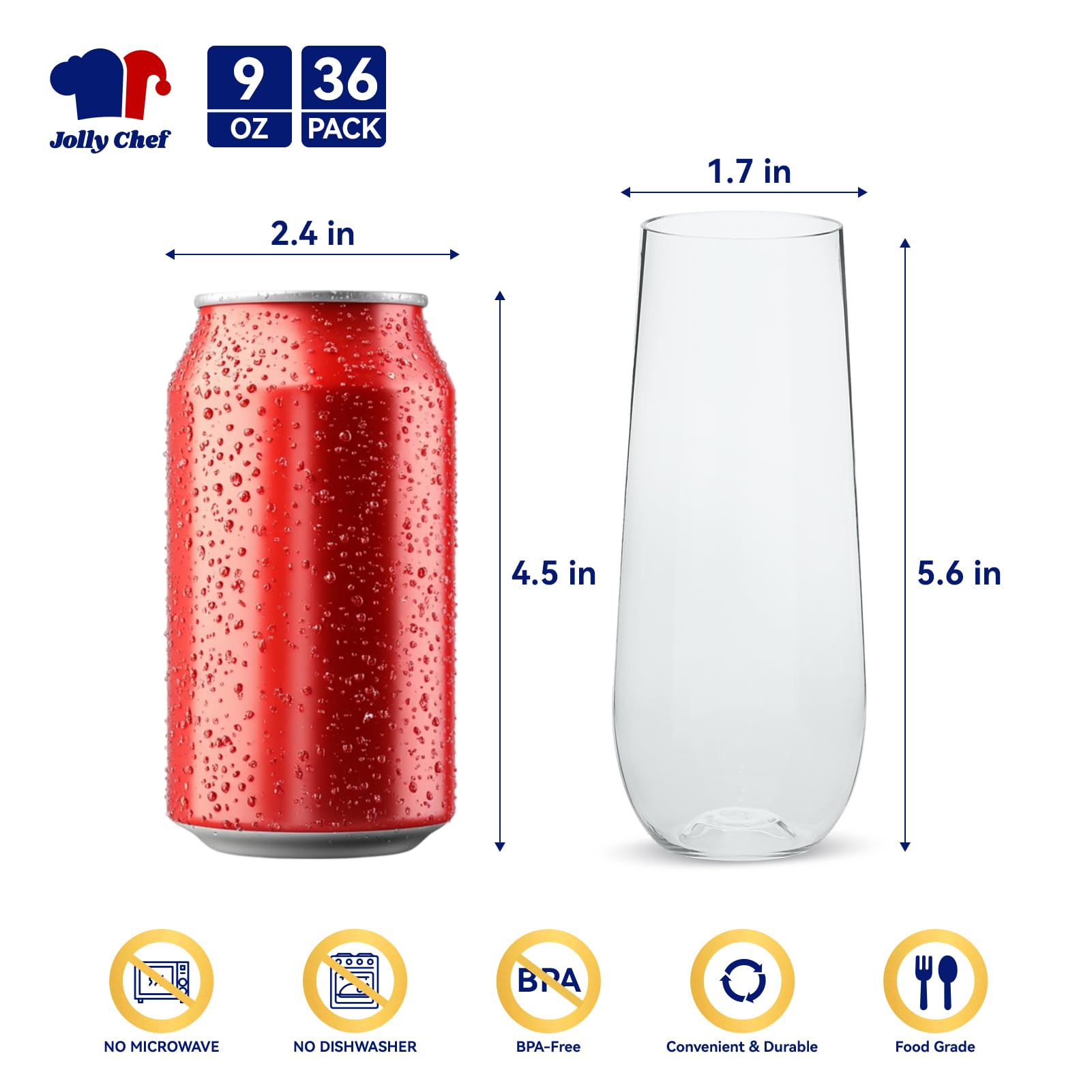 JOLLY CHEF Paquete de 36 copas de champán de plástico de 9 onzas, vasos transparentes sin tallo, desechables, ideales para bodas, cumpleaños, fiestas