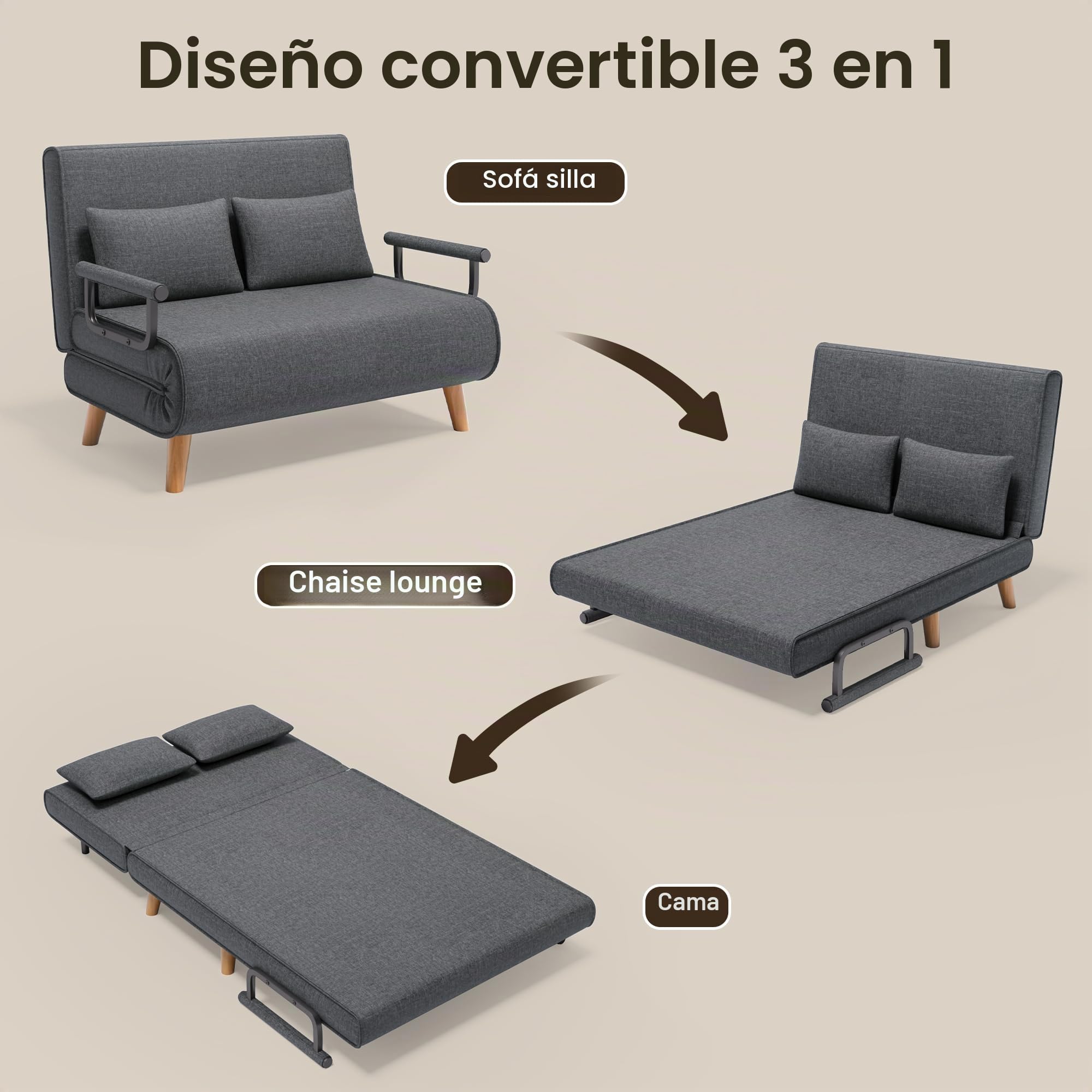 Xbro Sofá Cama de 2 Plazas, Sillón Cama Plegable con Respaldo Ajustable de 6 Niveles y 2 Almohadas, Sofá Convertible para Salón Dormitorio o Apartamento