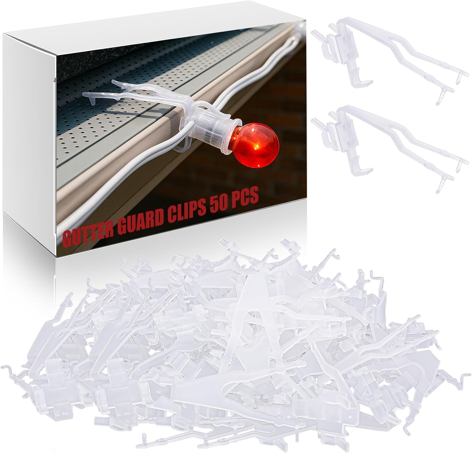 50 Pcs Christmas Gutter Clips for Hanging Outdoor Lights Weatherproof Christmas Light Clips for Gutter Guards Mesh Filter Shingles Eaves Ornament Hooks for Xmas Halloween Decor (White) White 50