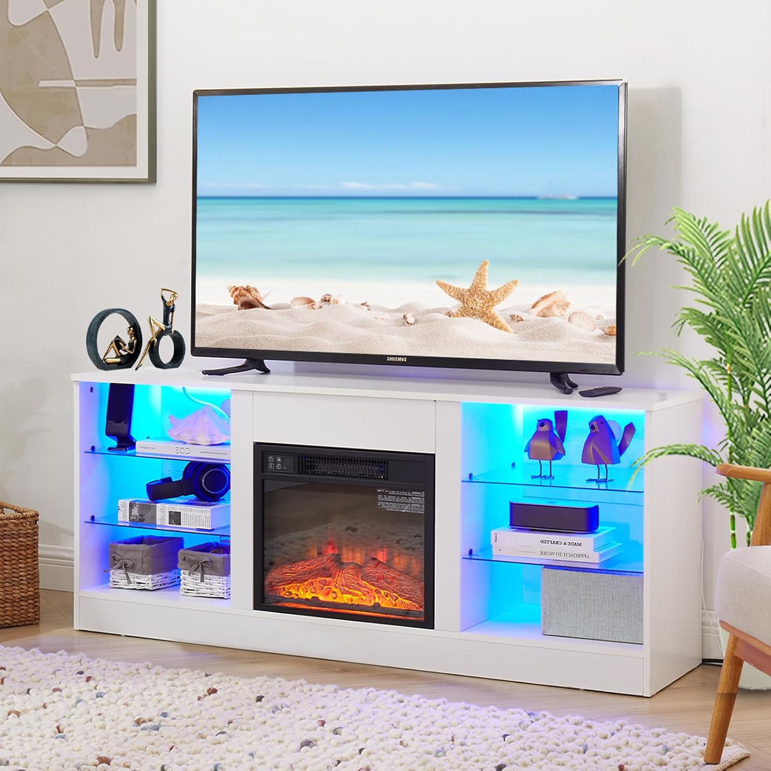 GUIOGC Fireplace TV Stand with LED Lights,Entertainment Center for TVs